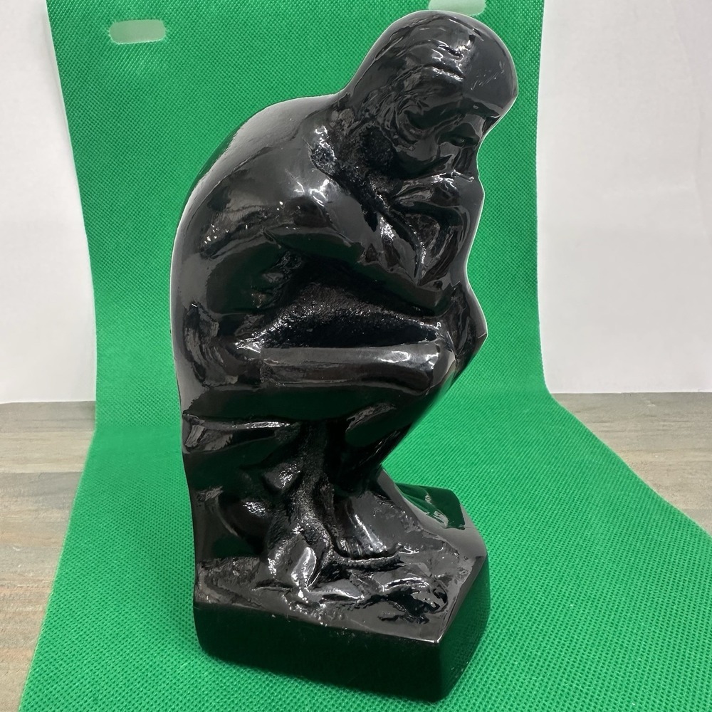 Vintage Glossy Black Glazed Heavy Iron The Thinker Statue Rodin Art Figurine 7"‎